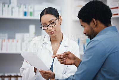 Buy stock photo Pharmacy, reading prescription and pharmacist with customer for pills, medical supplements and medicine. Healthcare, hospital and woman help man with pharma script, drugs and medication in dispensary