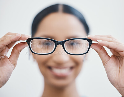 Buy stock photo Customer, hands or glasses in eyes care, healthcare wellness or optometry help at retail store, shop or medical clinic. Zoom, patient or woman with eyewear, prescription lens or designer vision frame