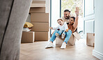 Happy family play in cardboard box for new house, moving and real estate celebration, investment and excited game. Mom, dad and kid or child play in boxes while moving into property home together
