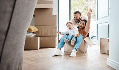 Buy stock photo Happy family play in cardboard box for new house, moving and real estate celebration, investment and excited game. Mom, dad and kid or child play in boxes while moving into property home together