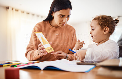 Buy stock photo Learning, education triangle and mother with kid in home for studying, homework or homeschool. Early development, growth and boy or child with mama teaching him geometric shapes, bonding and care.