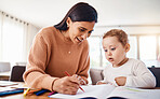 Learning, education and mother with kid drawing in book in home for studying, homework or homeschool. Early development, growth and creative boy with happy mama teaching him art, bonding and care.