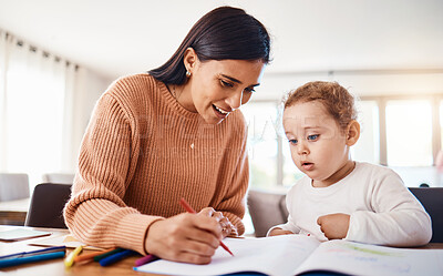 Buy stock photo Learning, education and mother with kid drawing in book in home for studying, homework or homeschool. Early development, growth and creative boy with happy mama teaching him art, bonding and care.