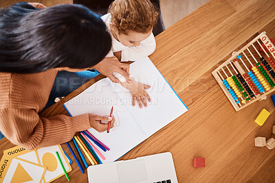 Buy stock photo Learning, top view and mother with kid drawing in book in family home for studying, homework or homeschool help. Creative development, art and boy with mom teaching him art for education child growth