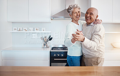 Buy stock photo Love, dance and portrait of old couple in kitchen at home, weekend time and celebrate romance with smile. Retirement, happiness and health, happy man and senior woman dancing in house or apartment.