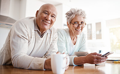 Buy stock photo Portrait, senior and old interracial couple relax in home kitchen in the morning with coffee happy, smile and confident together. Old man and elderly woman on counter enjoying retirement in happiness