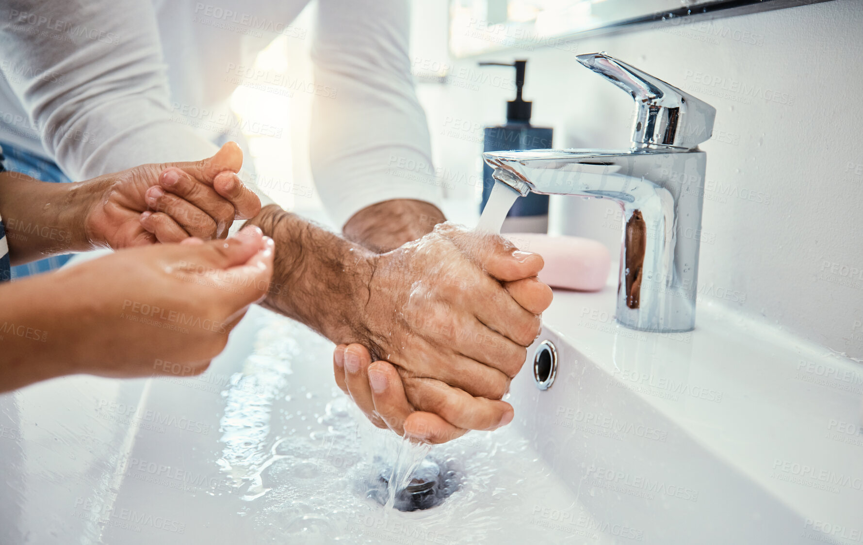 Buy stock photo Cleaning hands, family and washing in sink in bathroom for health, hygiene and wellness. Water splash, children and father with kid to wash with soap for disinfection, sanitize or skincare in house.