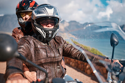 Buy stock photo Motorcycle, travel and couple on road trip for adventure, freedom and enjoying weekend in retirement. Love, happiness and senior man and woman ride on motorbike for holiday, vacation and journey