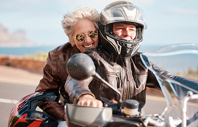 Buy stock photo Travel, road trip and senior couple on motorcycle for adventure, freedom and enjoy weekend in retirement. Love, traveling and happy man and woman ride on motorbike for holiday, vacation and journey