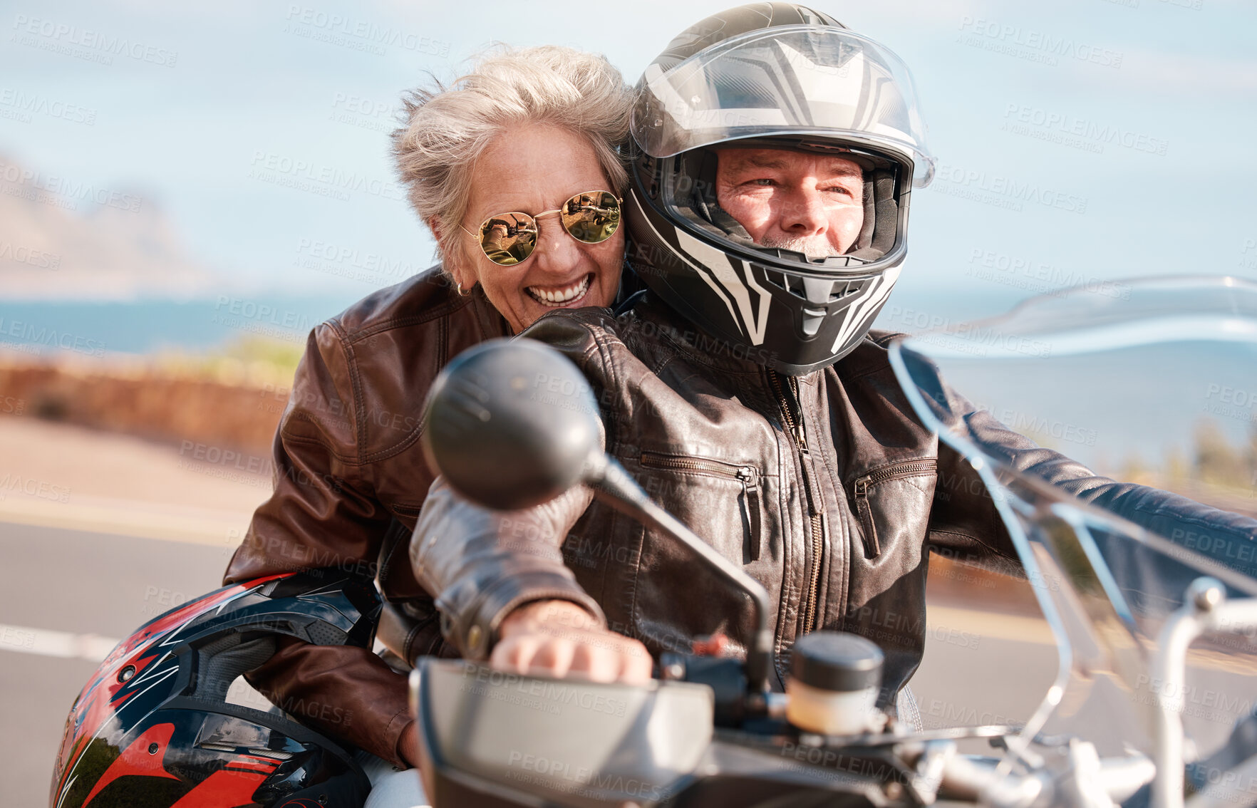 Buy stock photo Travel, road trip and senior couple on motorcycle for adventure, freedom and enjoy weekend in retirement. Love, traveling and happy man and woman ride on motorbike for holiday, vacation and journey