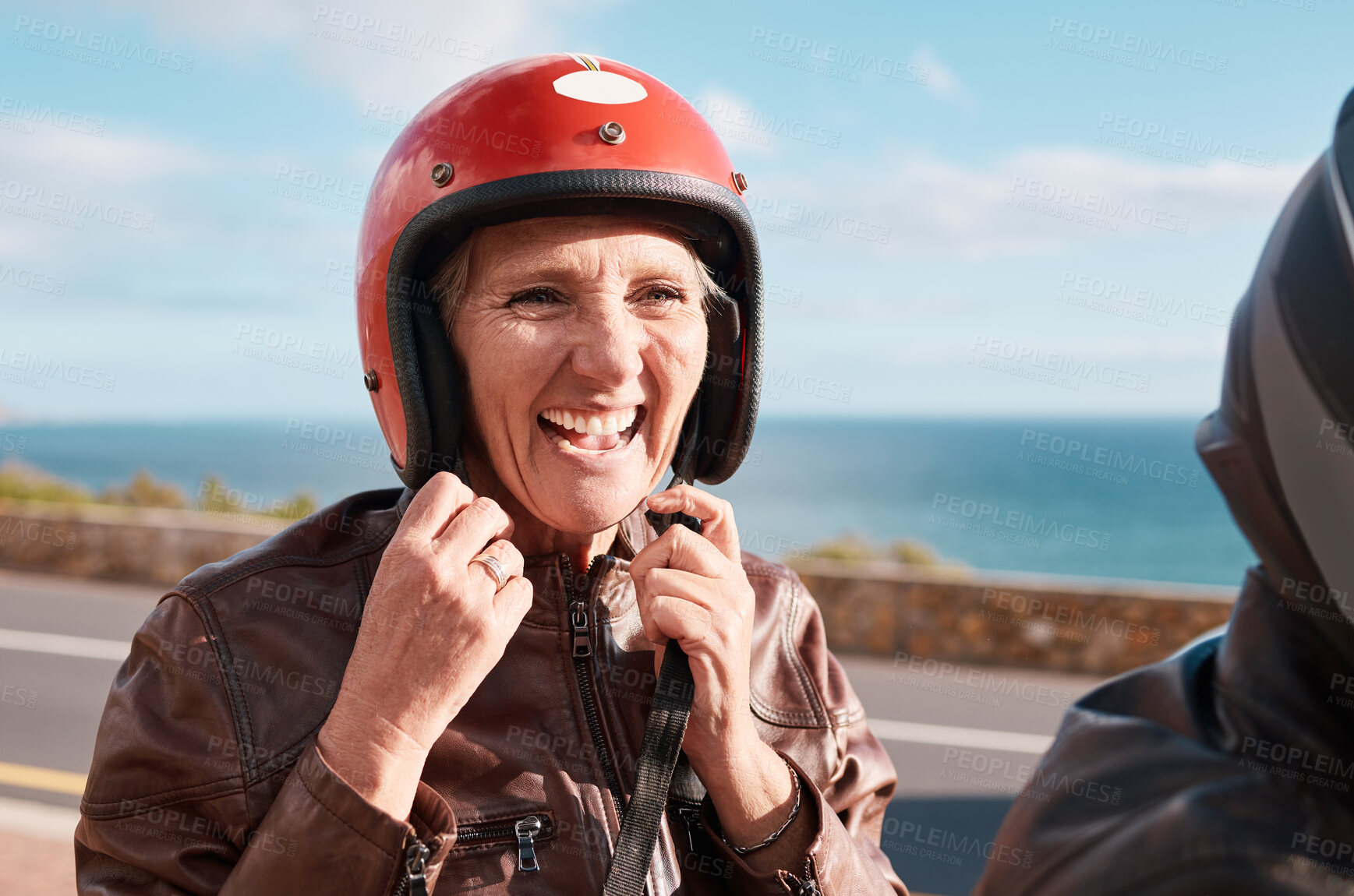 Buy stock photo Summer, senior woman and helmet on road, happiness and quality time on break, relax and vacation. Mature female, old lady and safety for motor bike ride, smile and cheerful on holiday and joyful
