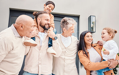 Buy stock photo Family, love with children, parents and grandparents bonding outside of their home together during a visit. Kids, garden or summer with a group of happy people standing on real estate outdoor