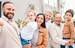 Selfie, family or love with parents, kids and grandparents posing for a picture outdoor in the home backyard. Photograph, social media or bonding with a man outside with senior relatives and children