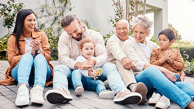 Buy stock photo Family, generations and love, relax on lawn with happy people, grandparents with parents and children outdoor. Happiness, unity and support with care, together at home with bonding and diversity