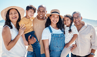 Buy stock photo Portrait, beach and black family bonding outdoor in nature together on vacation during summer. Happy, smile or love with children, parents and grandparents on the coast or shore for a holiday