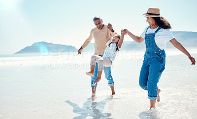 Buy stock photo Family, beach and mother and father with girl playing for bonding, quality time and adventure together. Travel, happy and mom, dad and child enjoy summer holiday, vacation and relax on weekend by sea
