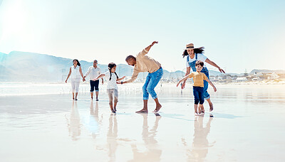 Buy stock photo Family, beach and parents play with children for bonding, quality time and adventure together. Travel, freedom and happy mom, dad and kids enjoy summer holiday, vacation and relax on weekend by sea