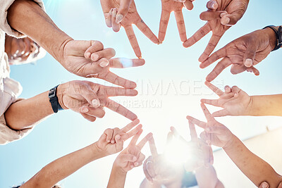 Buy stock photo Closeup, hands and star with mockup, teamwork and partnership for solidarity, sunshine and growth. Zoom, fingers and group with support, fun or circle for collaboration, community or hand sign shape 