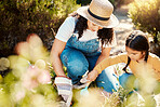 Love, mother and girl in garden, relax and happiness with bonding, loving and cheerful together. Family, mama and daughter outdoor, backyard and planting for growth, flowers and child development