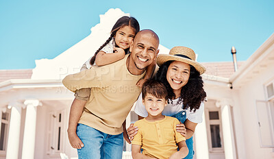 Buy stock photo Happy, smile and portrait of family and piggyback for bonding, affectionate and playful at new house. Happiness, security and investment with parents and children moving at home for care and support 