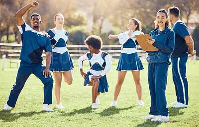 Buy stock photo Cheerleader, coach portrait or cheerleading team with support, hope or faith in strategy on field. Sports mission, fitness or cheerleading group in stretching warm up together by happy woman outdoors