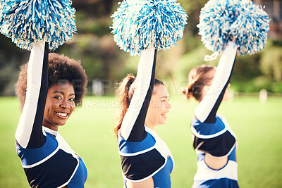 Buy stock photo Black woman cheerleader, field and smile in portrait for  teamwork or sport motivation in sunshine. Girl, group and fitness for diversity, support or solidarity for balance, muscle or training