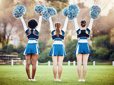 Buy stock photo Cheerleader, teen girl team and cheers outdoor, athlete group and fitness, uniform and diversity with back. Exercise, competition and arms raised, collaboration and pom pom, female and sports event