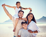 Beach, family and portrait of parents with kids, smile and happy bonding together on ocean vacation. Sun, fun and happiness for hispanic man, woman and children on summer holiday adventure in Mexico.