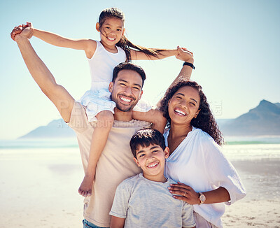 Buy stock photo Beach, family and portrait of parents with kids, smile and happy bonding together on ocean vacation. Sun, fun and happiness for hispanic man, woman and children on summer holiday adventure in Mexico.