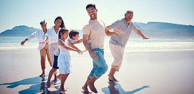 Buy stock photo Beach, family playing and running together on holiday, generations walking on ocean sand. Fun, vacation and happy men, women and kids bonding, quality time and summer adventure in nature in Mexico.