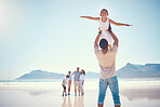 Beach, family and girl with father, airplane and playing, happy and carefree against blue sky background. Freedom, flying and child with parent, grandparents and sibling on ocean travel or holiday