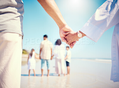 Buy stock photo Walk, support and a child and mother holding hands at the beach for trust, love and care in Spain. Family, together and mom and kid with affection at the ocean while walking during a holiday