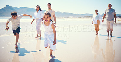 Buy stock photo Beach, big family and kids running, playing and walking on ocean sand together in Mexico. Fun, vacation and happy men and women with children bonding, quality time and summer adventure in nature.