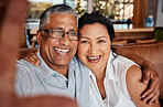 Portrait, selfie and laughing senior couple taking pictures in home for social media, happy memory or profile picture. Love, retirement smile and photographer taking photo of elderly man and woman.