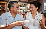 Coffee, toast and senior couple laughing in home, having fun and bonding. Love, tea cheers and smile of happy, retired and elderly man and woman drinking espresso and enjoying funny conversation.