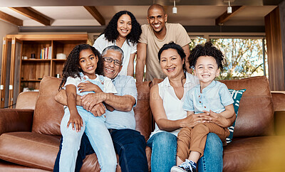 Buy stock photo Black family, living room hug and portrait of a mother, father and kids on a couch with happiness. Happy, parent love and support of girl laughing in a home together with a smile in a house