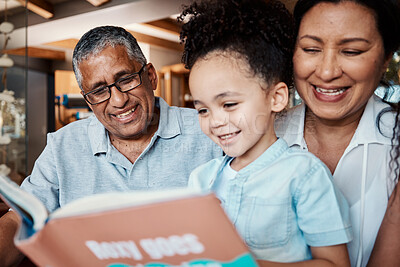 Buy stock photo Children book, reading and grandparent helping kids with learning and education on sofa. House, living room and black family on a lounge couch with happiness and books together with love and support