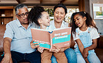 Children book, reading smile and grandparent helping kids with learning and story. House, living room and black family on a lounge couch with happiness and books together with love and support