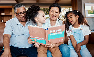 Buy stock photo Children book, reading smile and grandparent helping kids with learning and story. House, living room and black family on a lounge couch with happiness and books together with love and support