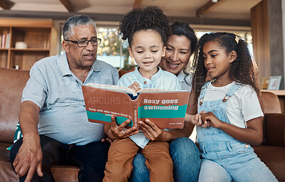 Buy stock photo Children book, reading and grandparent helping kids with learning and education on sofa. House, living room and black family on a lounge couch with happiness and books together with love and support