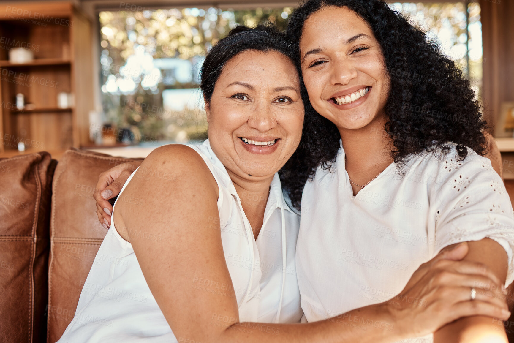 Buy stock photo Woman portrait, senior mom selfie and smile of family on a living room sofa with happiness and bonding. Mama love, support and happy elderly care with women on lounge couch in a house together