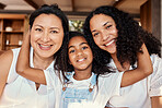 Generations, happy and relax with portrait of women at home for bonding, support and affectionate. Wellness, solidarity and peace with mother and daughter for care, weekend and family happiness 