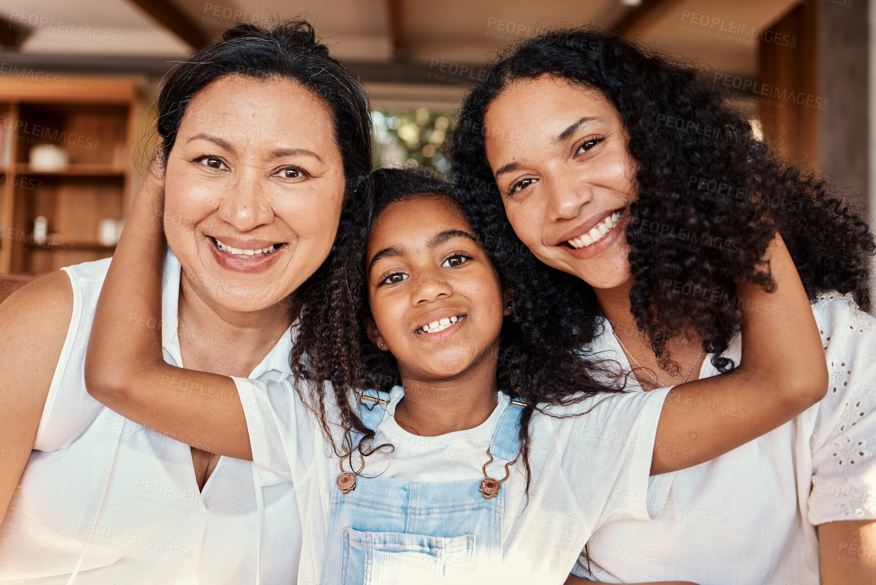 Buy stock photo Generations, happy and relax with portrait of women at home for bonding, support and affectionate. Wellness, solidarity and peace with mother and daughter for care, weekend and family happiness 