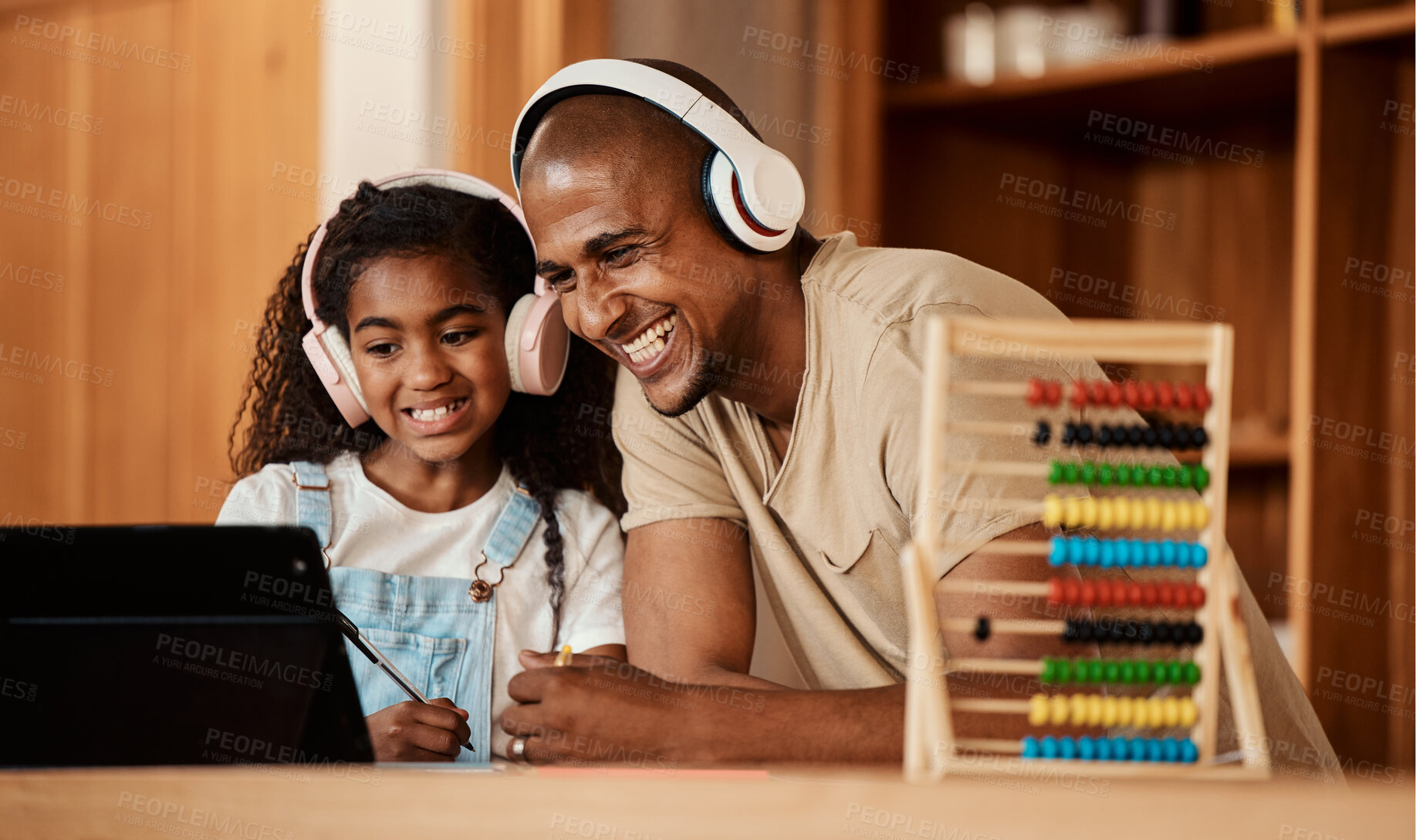 Buy stock photo Headphones, home education and father with kid for video call, math learning and e teaching support in online class. Family or dad with girl child on computer excited for teaching sound development