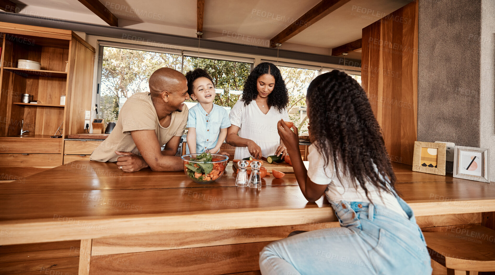 Buy stock photo Family, breakfast table and cooking with fruit, bonding and children for health, care or love together. Woman, kids or man for healthy, natural and organic nutrition for diet, food or meal in home