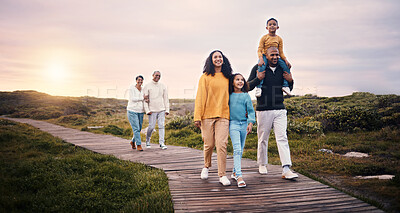 Buy stock photo Black family, walking or sunset with parents, children and grandparents spending time together in nature. Spring, love or environment with kids and senior relatives taking a walk while bonding