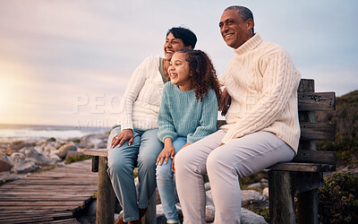 Buy stock photo Happy, beach and girl on holiday with her grandparents sightseeing, bonding and having fun together. Travel, love and elderly couple in retirement on a seaside vacation with a girl child in Mexico.