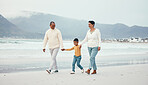 Grandfather, grandma and child walking on beach enjoying holiday, travel vacation and weekend together. Big family, nature and happy grandparents holding hands for bonding, quality time and relax