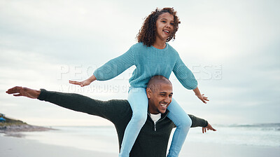 Buy stock photo Love, father carry girl and beach for quality time, happiness and carefree together, loving and bonding. Family, dad and daughter on shoulders, smile or freedom on seaside holiday, vacation and relax