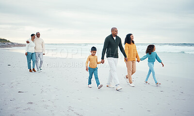 Buy stock photo Family, happy and children walking on beach enjoy holiday, travel vacation and weekend together. Ocean, smile and grandparents, parents and kids holding hands for bonding, quality time and relax